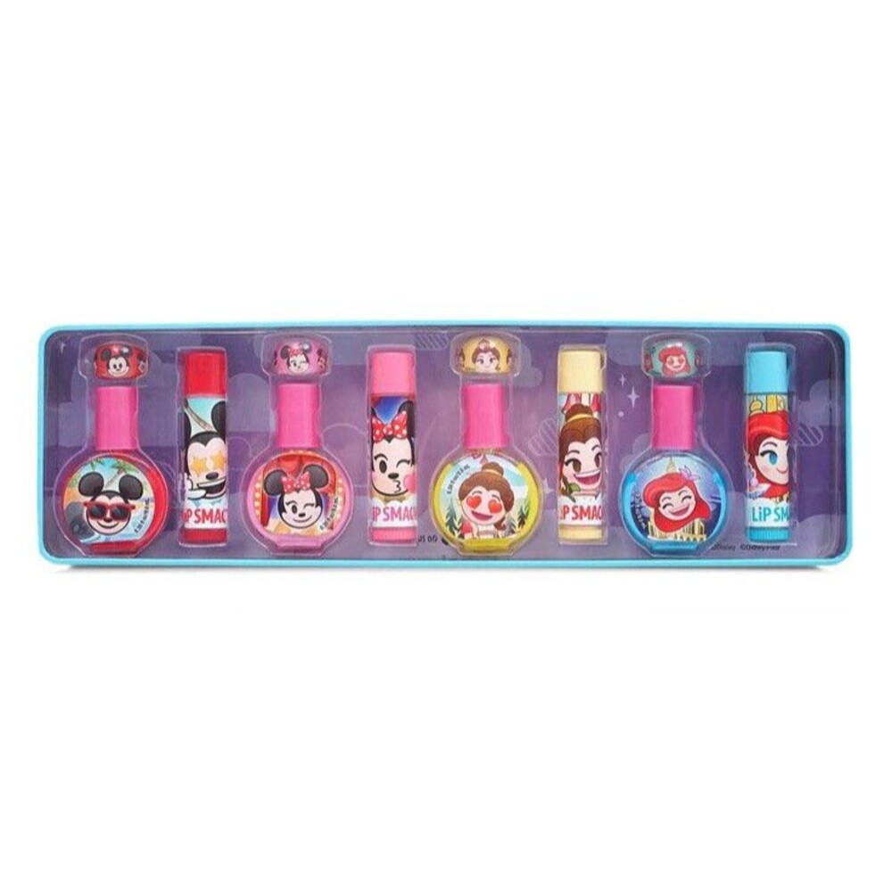 Disney Emoji Lip Smacker 4 Lip Gloss, 4 Nail Polish & 4 Ring 12 Pcs Set Blue Tin